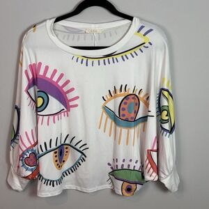 Miroh Women's White All Over Printed Eyes Dolman Sleeve Crop Blouse Size Small